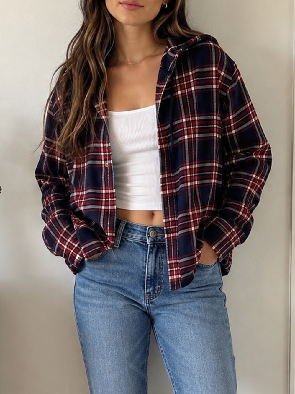 TNA Plaid Hooded Flannel Shirt XS Red Navy 100% Organic Cotton Button Up